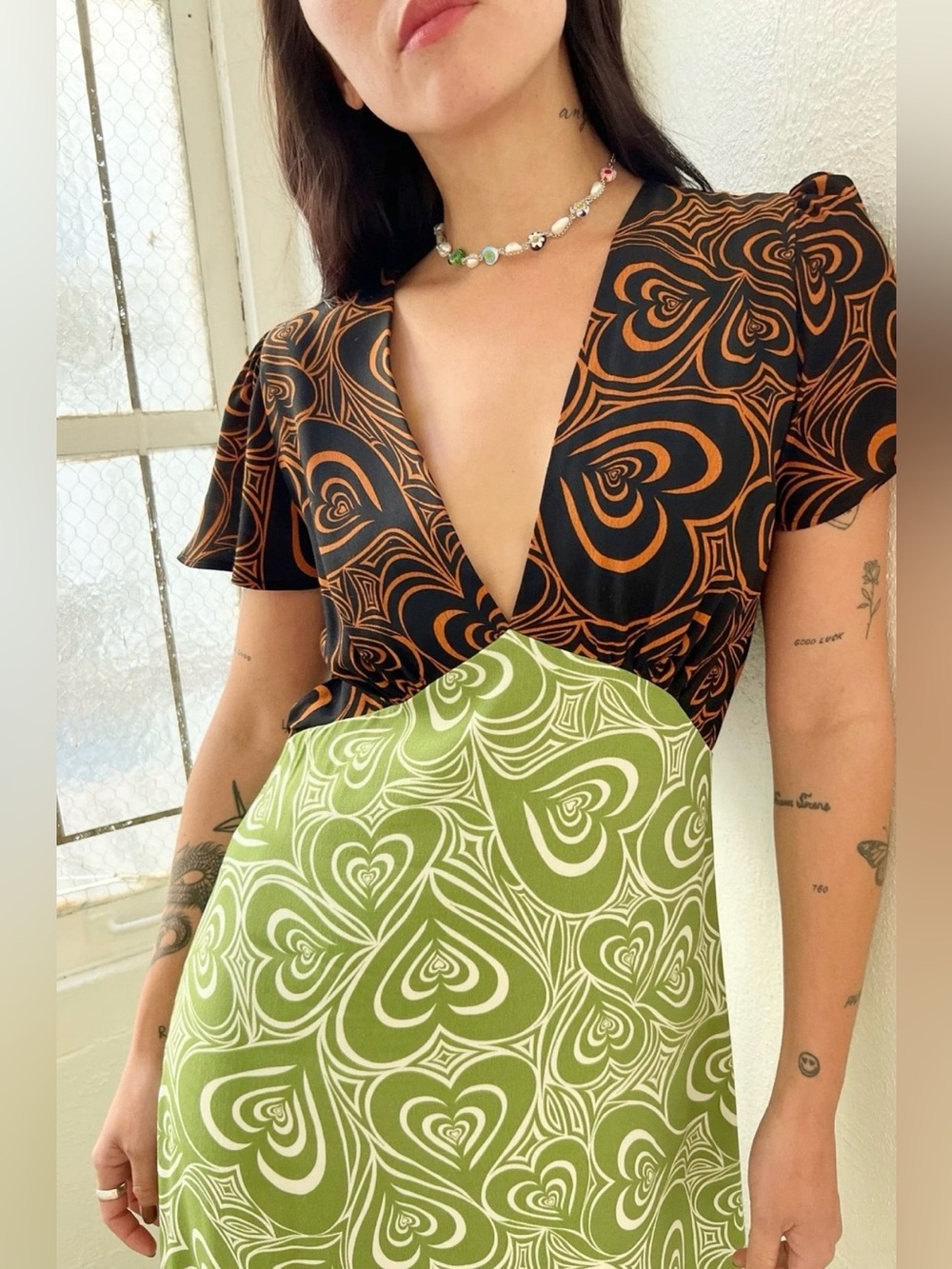 Lisa Says Gah Wild Hearts Grace Dress Green Brown Midi Size 2X